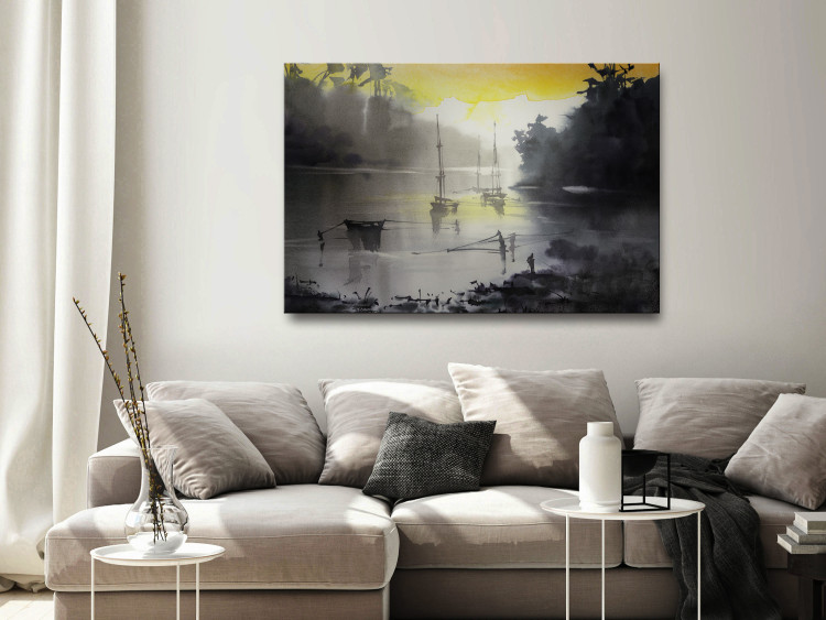 Canvas Print Silent Bay - Black and White Marine theme with a yellow accent 134670 additionalImage 3