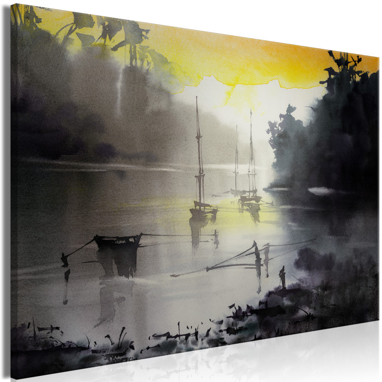 Canvas Print Silent Bay - Black and White Marine theme with a yellow accent 134670 additionalImage 2