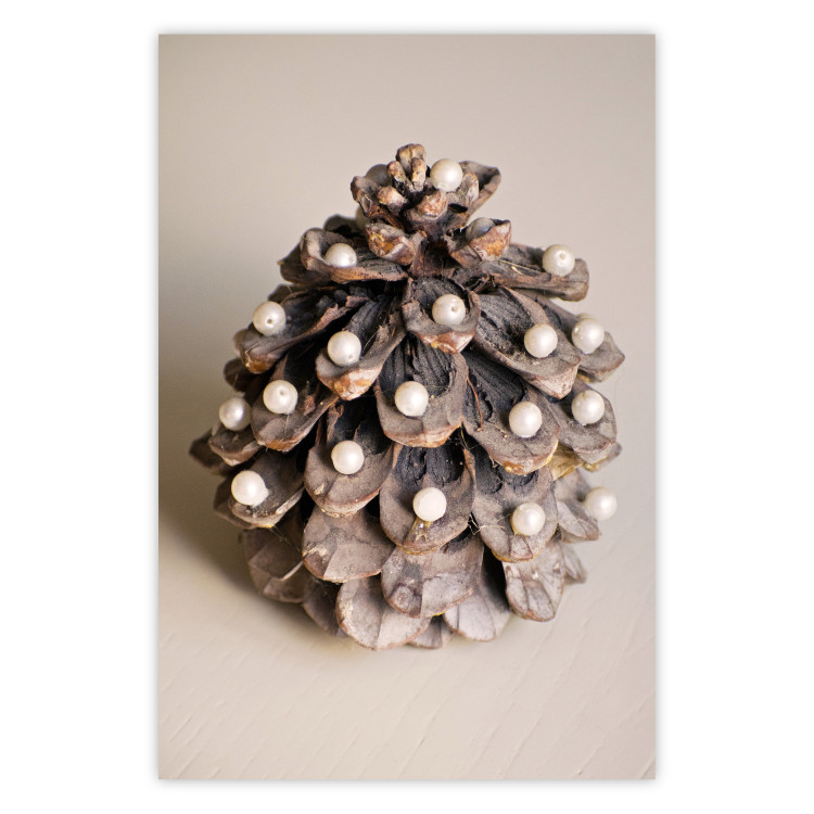 Poster Christmas Decoration - cone decorated with white balls on a light background 137970