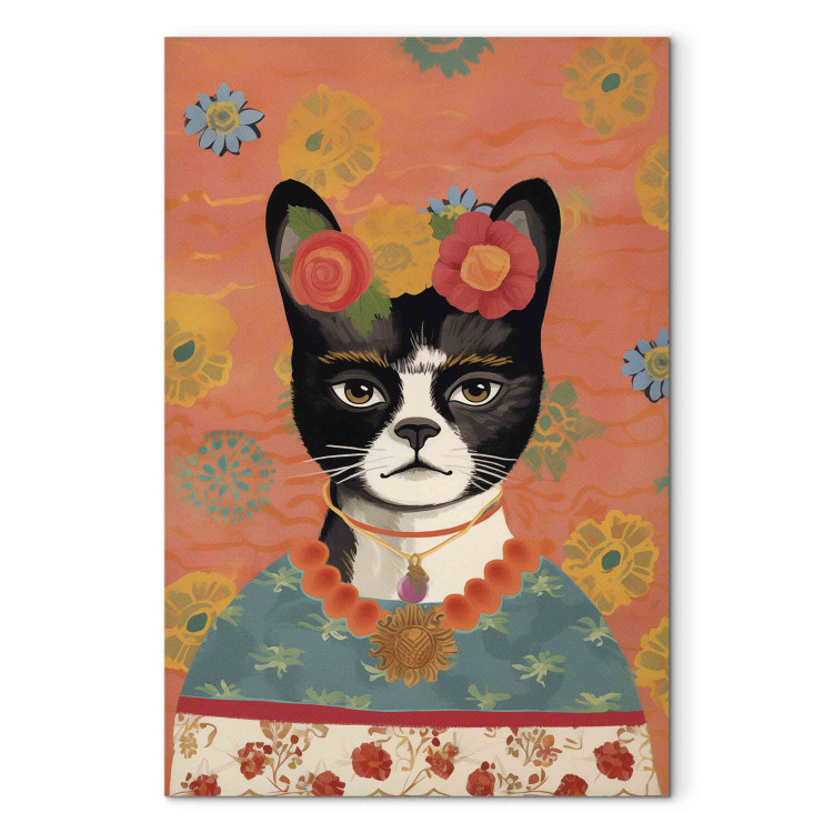 Canvas Animal Portrait - Cat With Flowers Inspired by Frida’s Image 152270