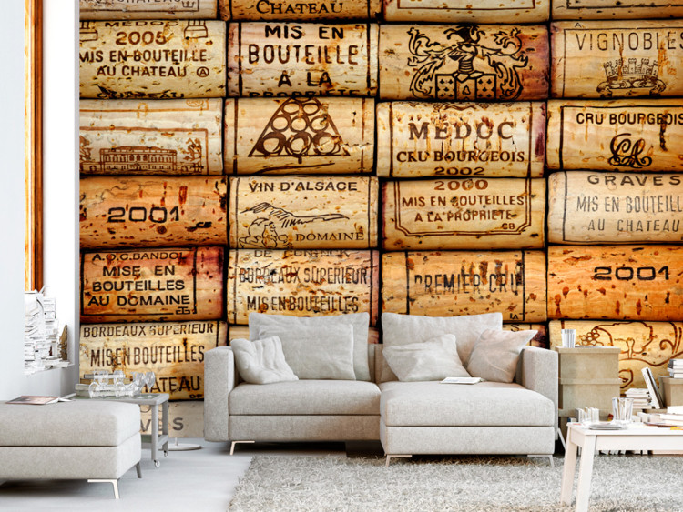 Photo Wallpaper Shabby chic motif - a composition of wine corks with inscriptions in French 91170
