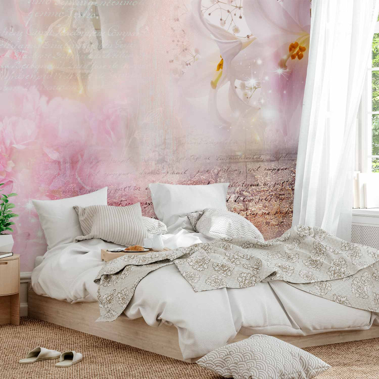 Wall Mural Lilies - abstract with motif of flowers in shades of pink and inscriptions 106580 additionalImage 2
