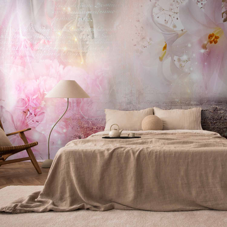 Wall Mural Lilies - abstract with motif of flowers in shades of pink and inscriptions 106580