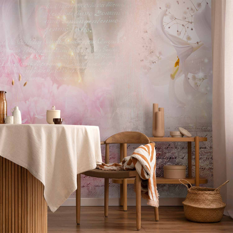 Wall Mural Lilies - abstract with motif of flowers in shades of pink and inscriptions 106580 additionalImage 6