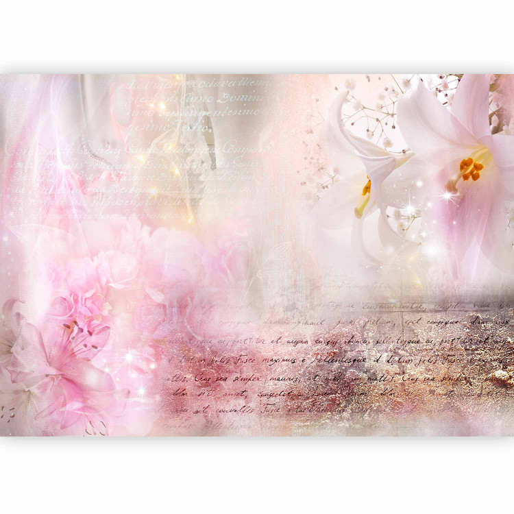 Wall Mural Lilies - abstract with motif of flowers in shades of pink and inscriptions 106580 additionalImage 1