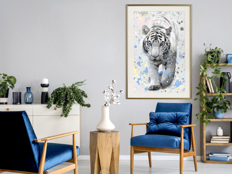 Poster White Tiger - tropical animal on background of colorful watercolor dots 127880 additionalImage 24