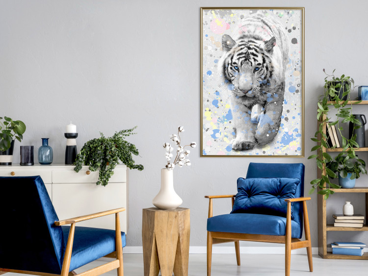 Poster White Tiger - tropical animal on background of colorful watercolor dots 127880 additionalImage 5