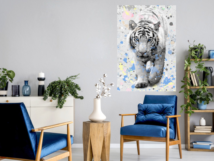Poster White Tiger - tropical animal on background of colorful watercolor dots 127880 additionalImage 3