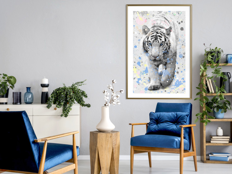 Poster White Tiger - tropical animal on background of colorful watercolor dots 127880 additionalImage 23