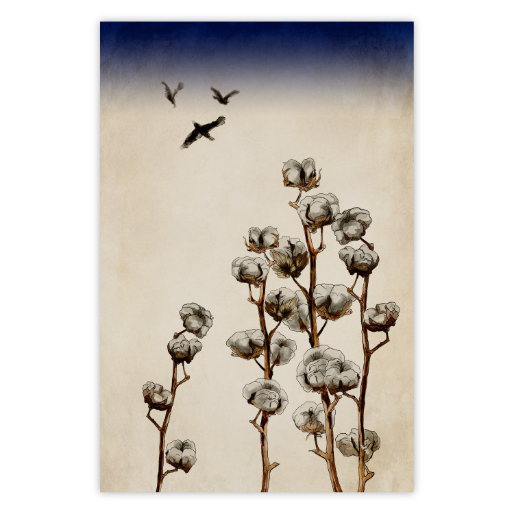 Poster Cotton Branches - beautiful composition with plants and birds against a sky background 129380
