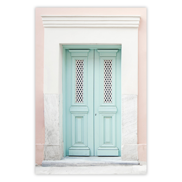 Wall Poster Minty Invitation - turquoise door against pastel architecture background 129480