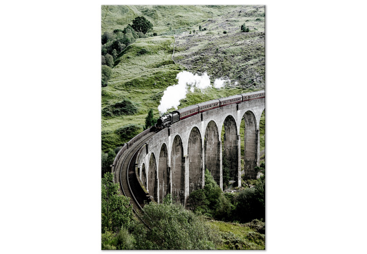 Canvas Art Print Journey Through Time (1-piece) Vertical - landscape of a bridge with a train 130280