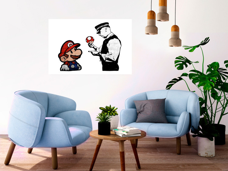 Poster Banksy: Mushroom Picker - colorful character and black policeman on a white background 132480 additionalImage 23