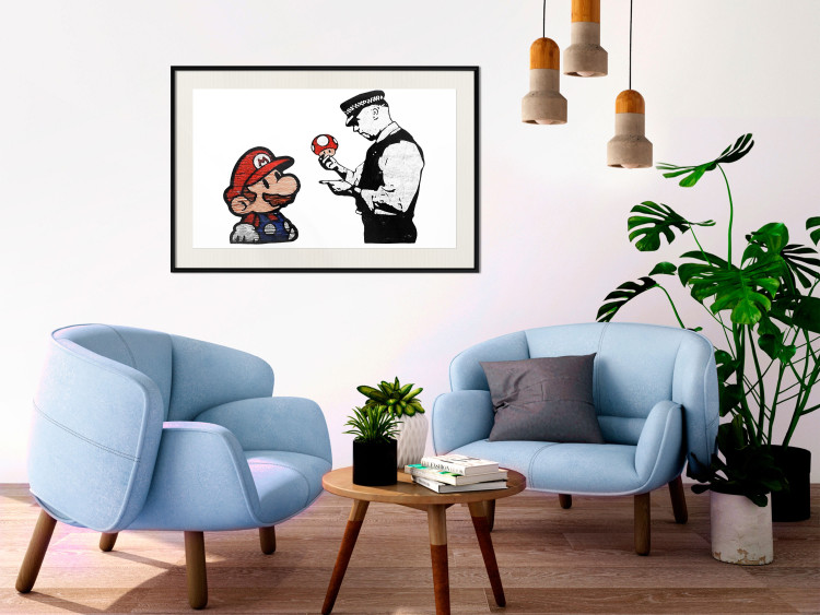 Poster Banksy: Mushroom Picker - colorful character and black policeman on a white background 132480 additionalImage 22