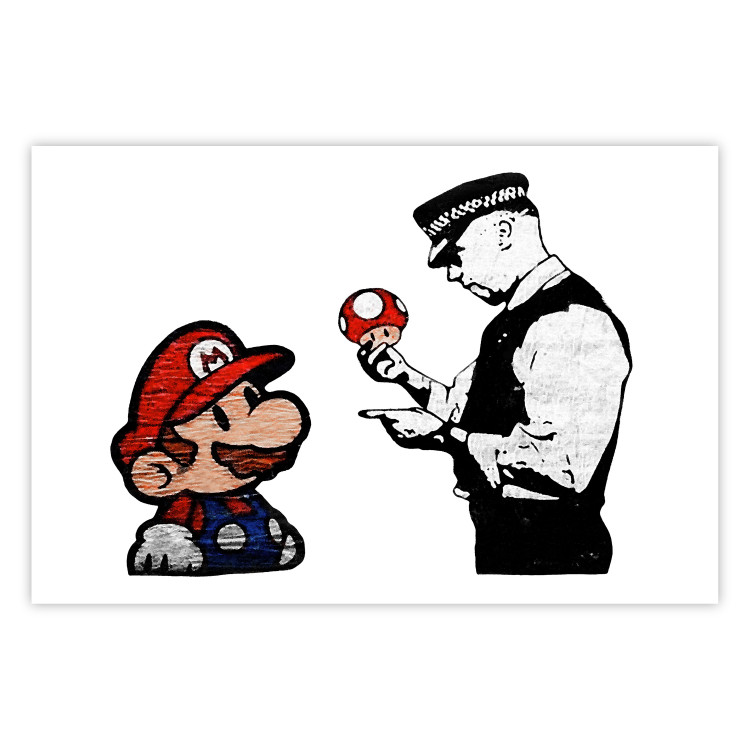 Poster Banksy: Mushroom Picker - colorful character and black policeman on a white background 132480