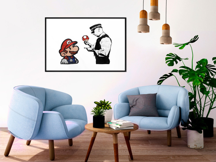 Poster Banksy: Mushroom Picker - colorful character and black policeman on a white background 132480 additionalImage 4