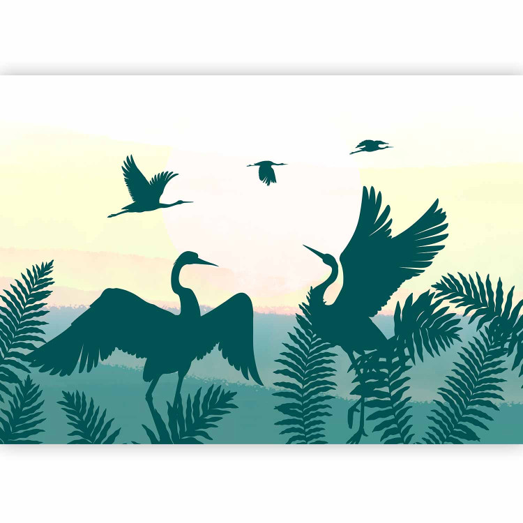 Wall Mural Animals in the fern - green birds on a yellow sunset background 143880 additionalImage 1
