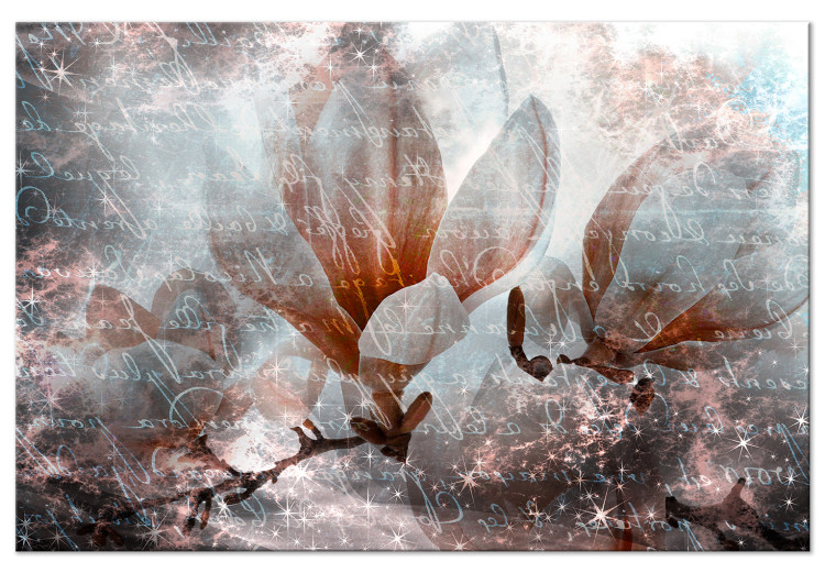 Canvas Print Magnolia (1-piece) - pink flowers and inscriptions on an abstract background 144780