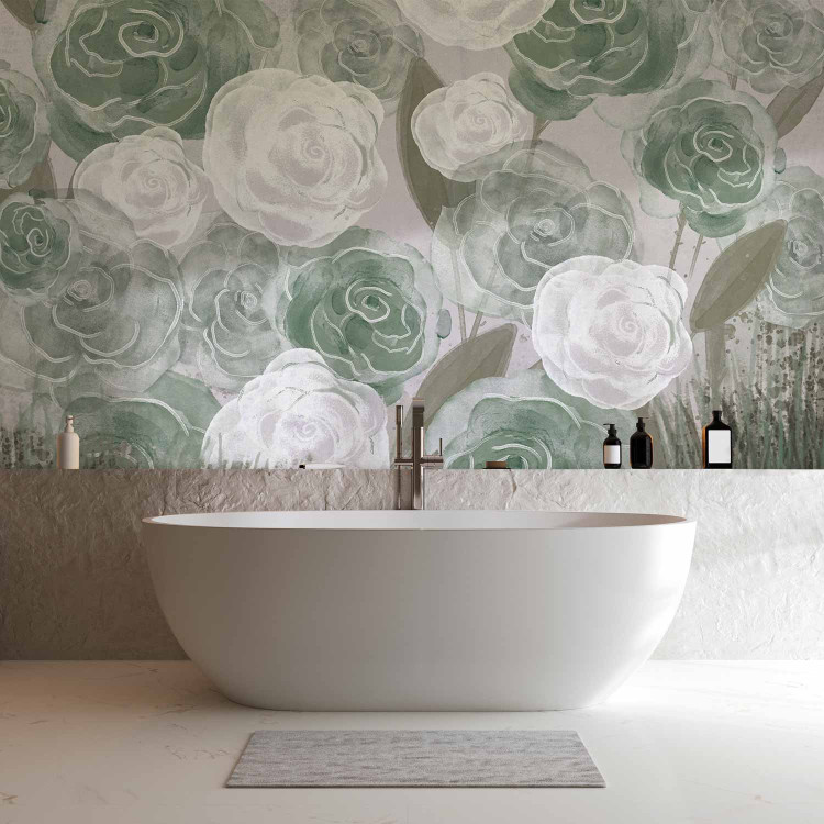 Photo Wallpaper Dense Roses - Painted Large Flowers in Shades of Green on a Gray Background 145180 additionalImage 8