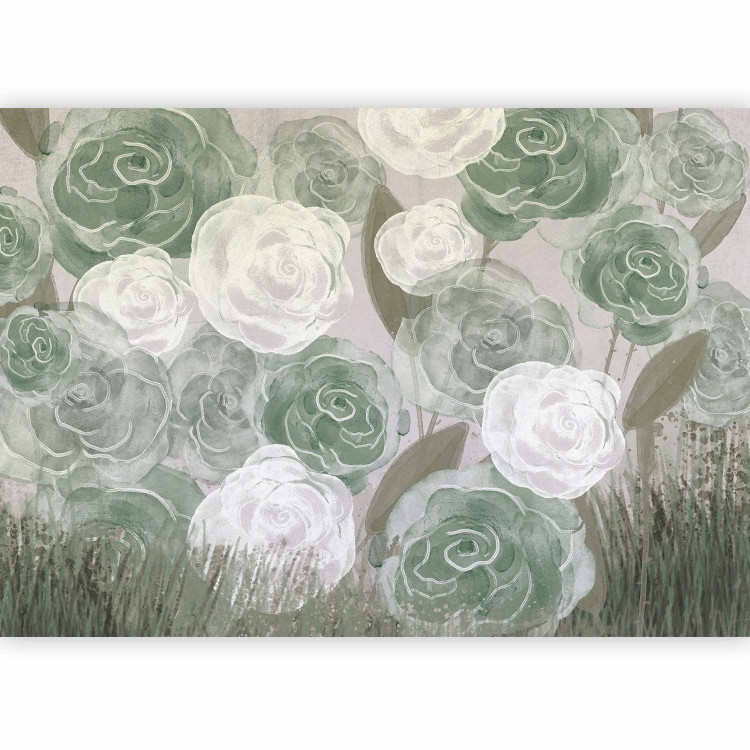 Photo Wallpaper Dense Roses - Painted Large Flowers in Shades of Green on a Gray Background 145180 additionalImage 1