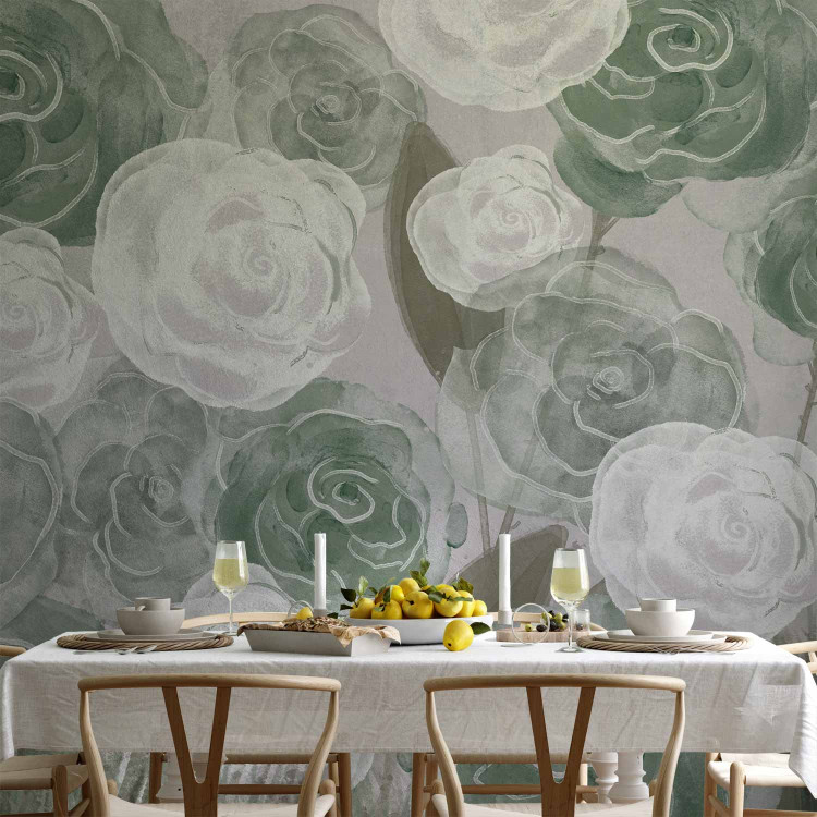 Photo Wallpaper Dense Roses - Painted Large Flowers in Shades of Green on a Gray Background 145180 additionalImage 6