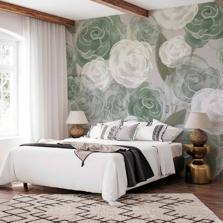Photo Wallpaper Dense Roses - Painted Large Flowers in Shades of Green on a Gray Background 145180 additionalImage 2