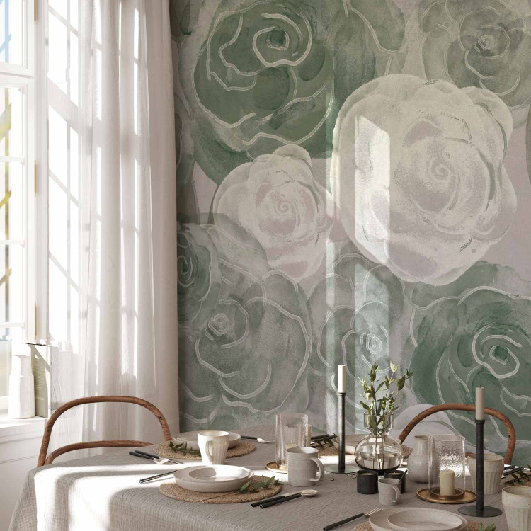 Photo Wallpaper Dense Roses - Painted Large Flowers in Shades of Green on a Gray Background 145180 additionalImage 7