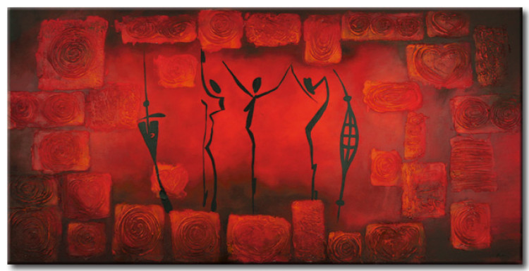 Canvas Art Print Ritual (1-piece) - silhouettes dancing on a red background with designs 47080