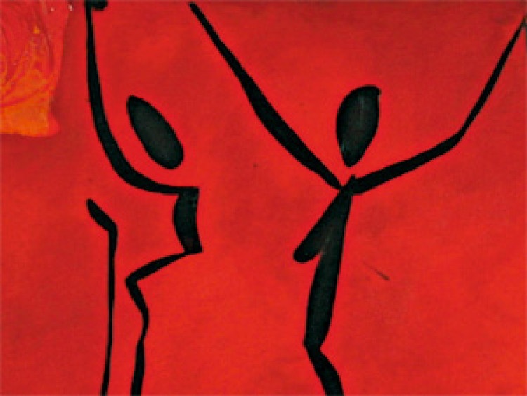 Canvas Art Print Ritual (1-piece) - silhouettes dancing on a red background with designs 47080 additionalImage 2