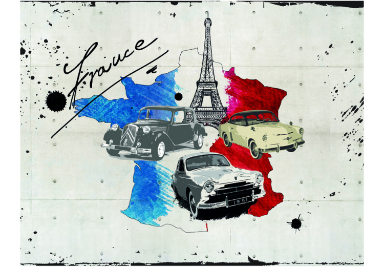 Photo Wallpaper Composition - Map of France in Flag Colours with Cars and Eiffel Tower 60080 additionalImage 1