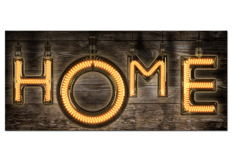 Canvas Print Bulb Home - Bright Inscription on Wooden Texture in Vintage Style 107290