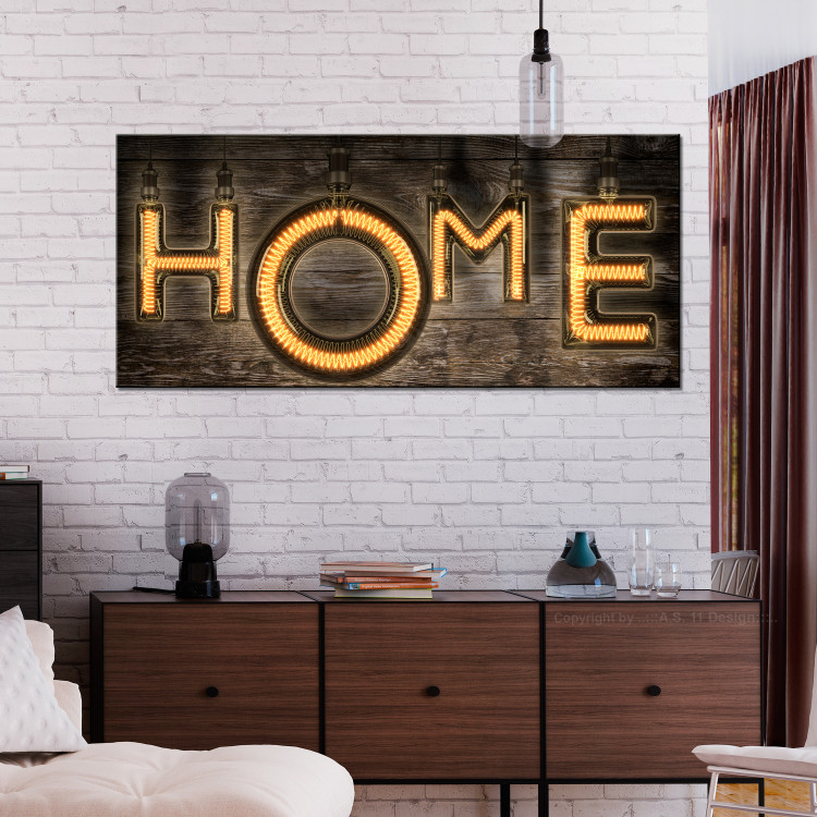 Canvas Print Bulb Home - Bright Inscription on Wooden Texture in Vintage Style 107290 additionalImage 3