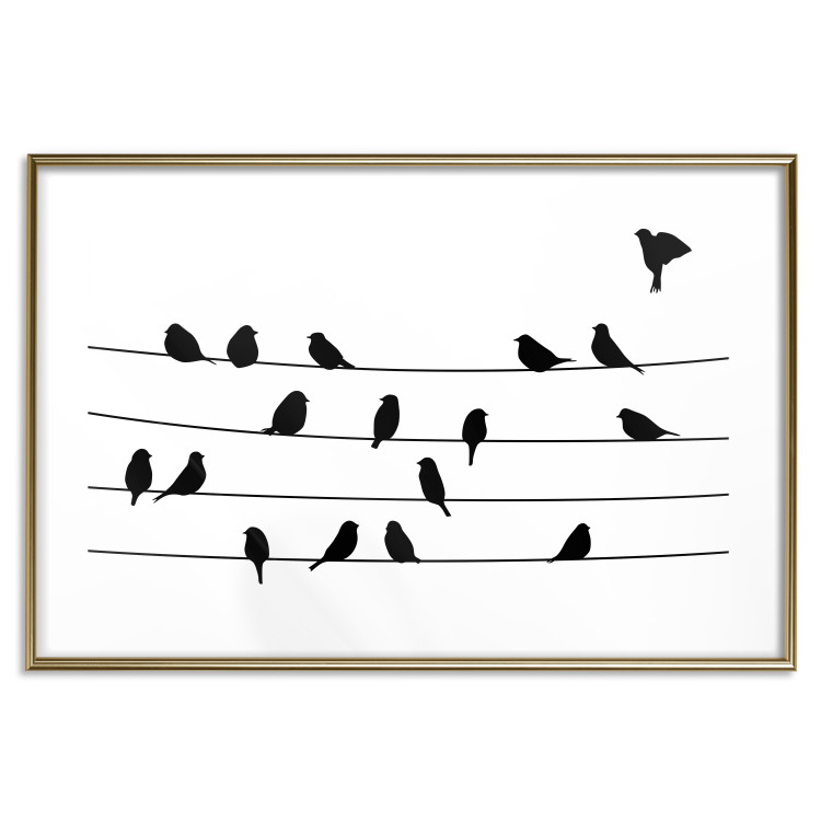 Wall Poster Bird Family - black and white birds sitting on wires on a white background 125090 additionalImage 14