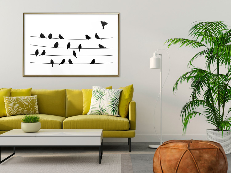 Wall Poster Bird Family - black and white birds sitting on wires on a white background 125090 additionalImage 13