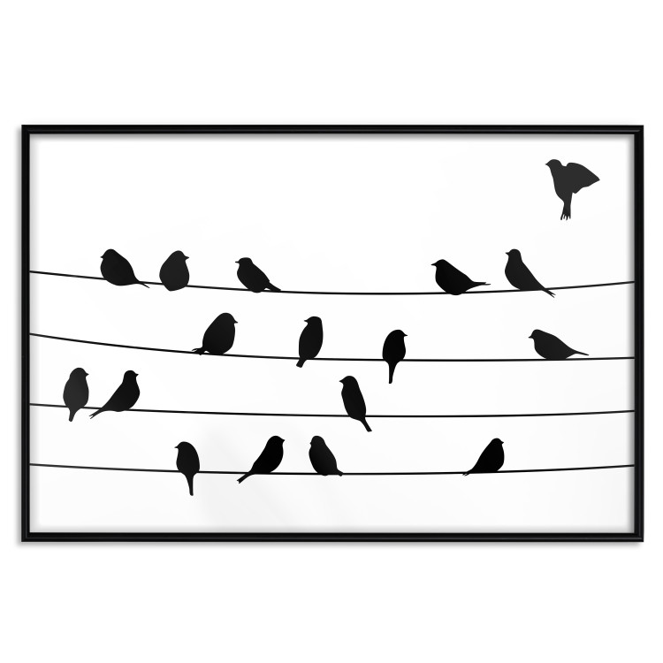 Wall Poster Bird Family - black and white birds sitting on wires on a white background 125090 additionalImage 18