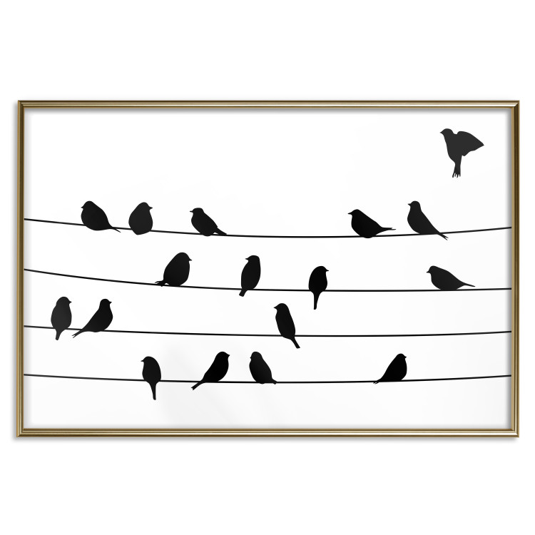 Wall Poster Bird Family - black and white birds sitting on wires on a white background 125090 additionalImage 16