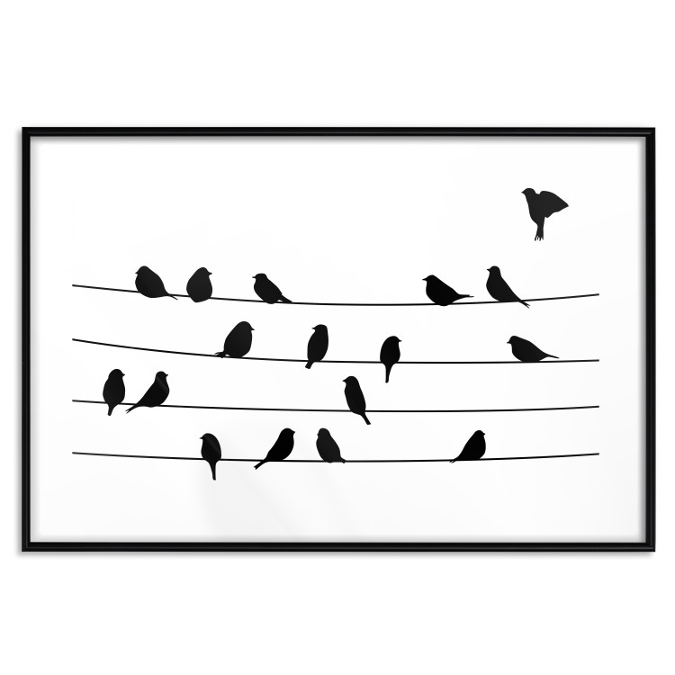 Wall Poster Bird Family - black and white birds sitting on wires on a white background 125090 additionalImage 15