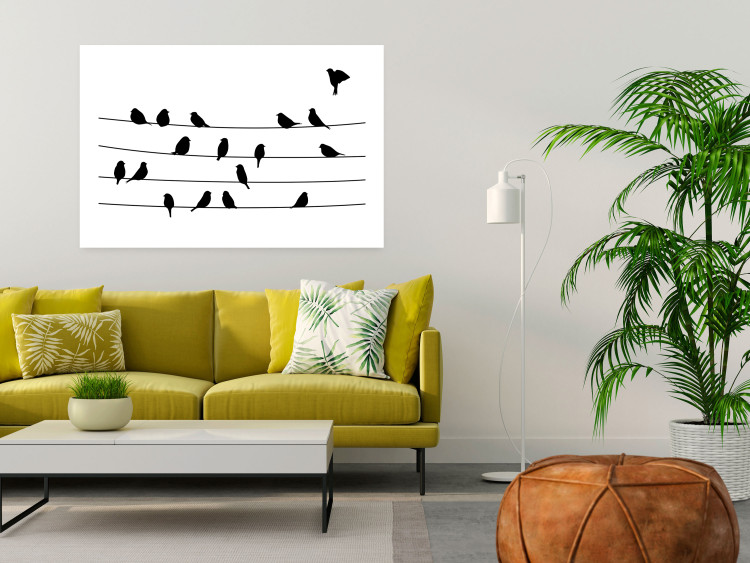 Wall Poster Bird Family - black and white birds sitting on wires on a white background 125090 additionalImage 2
