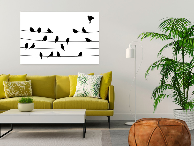 Wall Poster Bird Family - black and white birds sitting on wires on a white background 125090 additionalImage 17