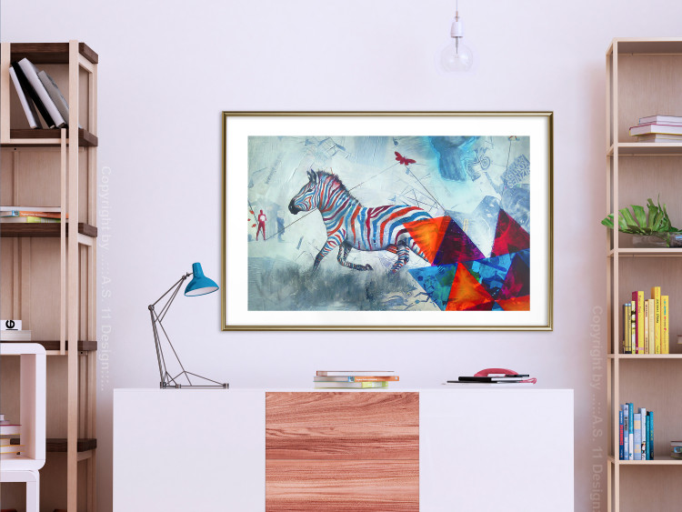 Poster Escape - colorful composition of a fleeing zebra in abstract style 126490 additionalImage 13