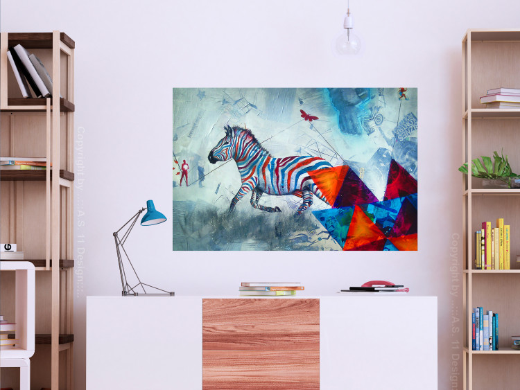 Poster Escape - colorful composition of a fleeing zebra in abstract style 126490 additionalImage 4