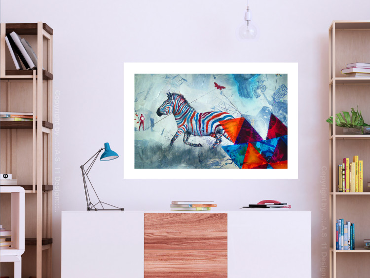 Poster Escape - colorful composition of a fleeing zebra in abstract style 126490 additionalImage 3
