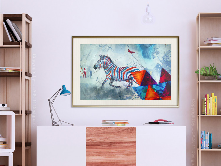 Poster Escape - colorful composition of a fleeing zebra in abstract style 126490 additionalImage 22