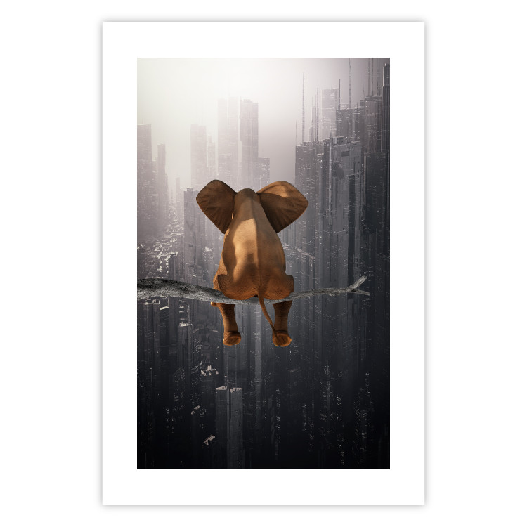 Poster Elephant in the Big City - fantasy animal on a tree against the backdrop of the city 132090 additionalImage 25
