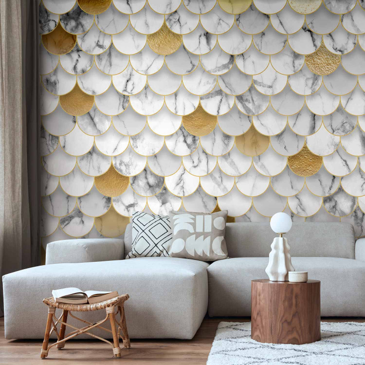 Photo Wallpaper Marble shells - background in gold and white with shadow effect 143390