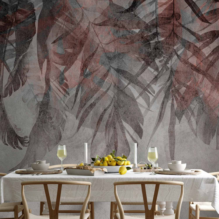 Photo Wallpaper Curtain of plants - grey landscape with a composition of leaves with pink accent 144490 additionalImage 4
