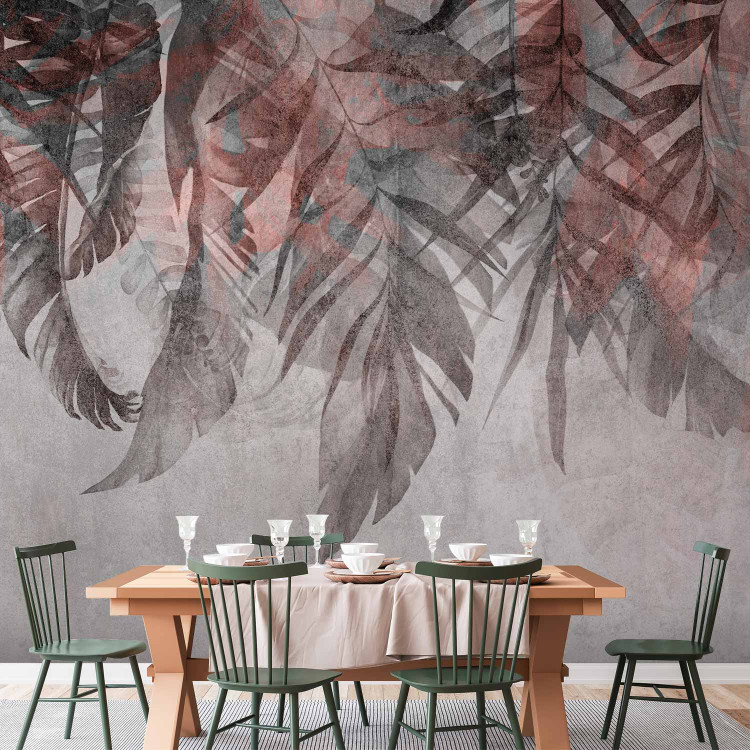 Photo Wallpaper Curtain of plants - grey landscape with a composition of leaves with pink accent 144490 additionalImage 6