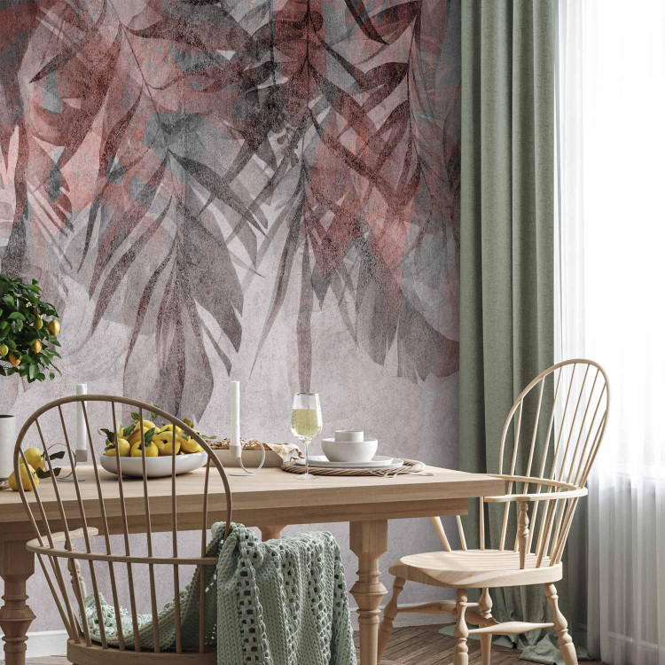 Photo Wallpaper Curtain of plants - grey landscape with a composition of leaves with pink accent 144490 additionalImage 7