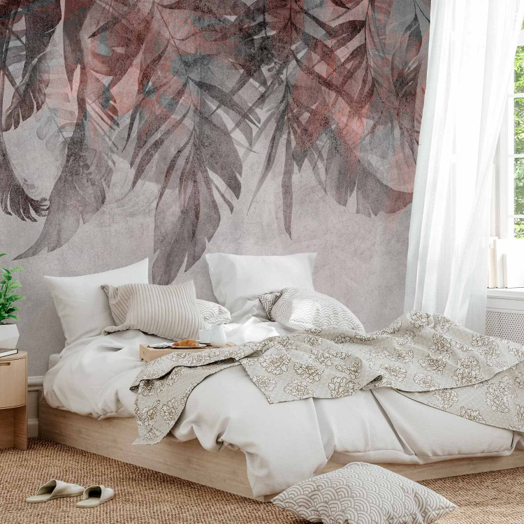 Photo Wallpaper Curtain of plants - grey landscape with a composition of leaves with pink accent 144490 additionalImage 2