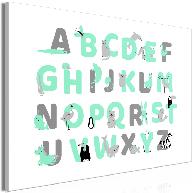 Canvas Art Print English Alphabet for Children - Mint and Gray Letters with Animals 146490 additionalImage 2